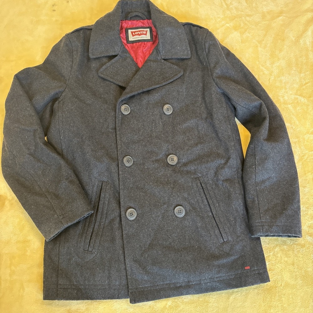 VTG Y2K Levi's Strauss Pea Coat Quilted Lined 6 Button Wool Blend Preppy SM